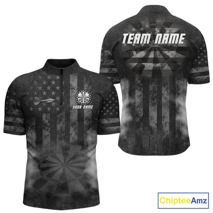 Black Smokes Darts Polo Quarter-Zip Shirts For Men Custom US Flag Patriotic Dart Team Tournament Jersey NYN4372