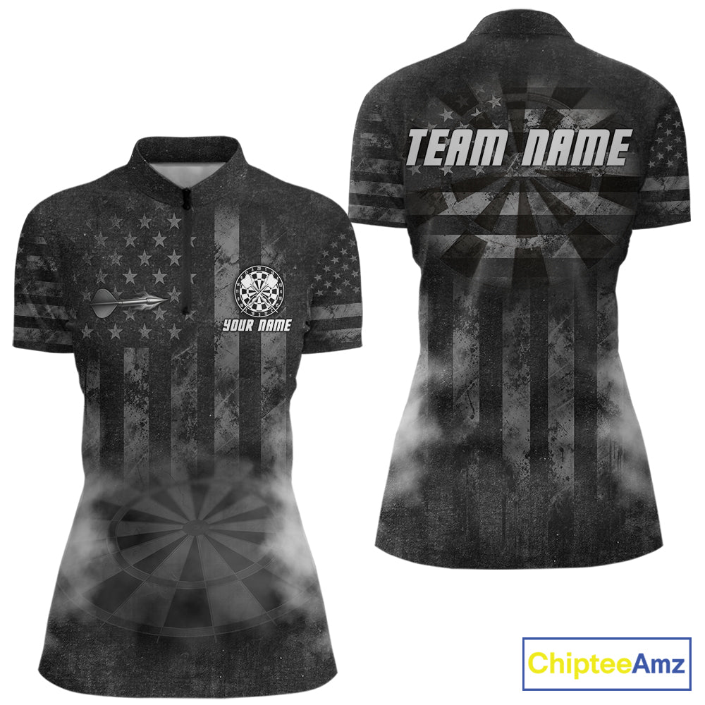 Black Smokes Darts Polo Quarter-Zip Shirts For Women Custom US Flag Patriotic Dart Team Tournament Jersey NYN4372