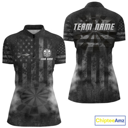 Black Smokes Darts Polo Quarter-Zip Shirts For Women Custom US Flag Patriotic Dart Team Tournament Jersey NYN4372