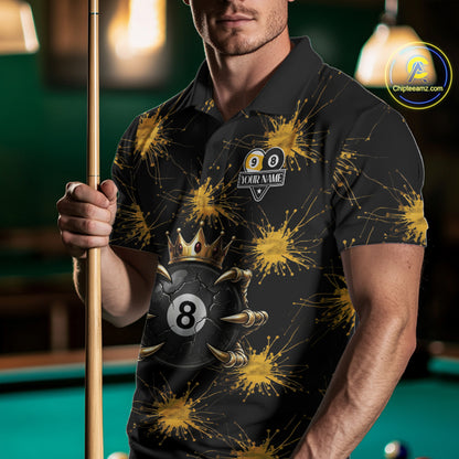 Yellow Splatter Pattern 8 Ball & 9 Ball Billiard Shirts For Men Custom Skull Gold Crown Pool Team Jersey NYN4373