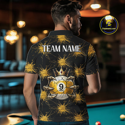 Yellow Splatter Pattern 8 Ball & 9 Ball Billiard Shirts For Men Custom Skull Gold Crown Pool Team Jersey NYN4373