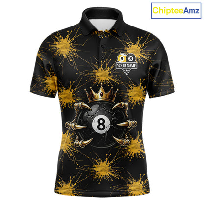Yellow Splatter Pattern 8 Ball & 9 Ball Billiard Shirts For Men Custom Skull Gold Crown Pool Team Jersey NYN4373