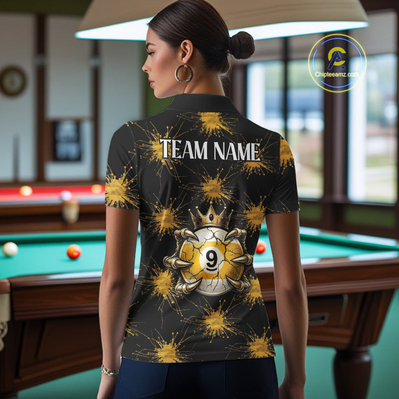 Yellow Splatter Pattern 8 Ball & 9 Ball Billiard Shirts For Women Custom Skull Gold Crown Pool Team Jersey NYN4373