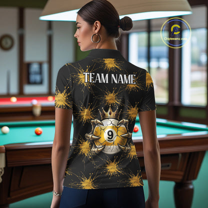 Yellow Splatter Pattern 8 Ball & 9 Ball Billiard Shirts For Women Custom Skull Gold Crown Pool Team Jersey NYN4373