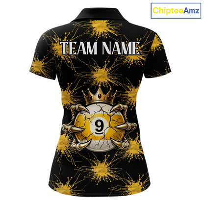 Yellow Splatter Pattern 8 Ball & 9 Ball Billiard Shirts For Women Custom Skull Gold Crown Pool Team Jersey NYN4373