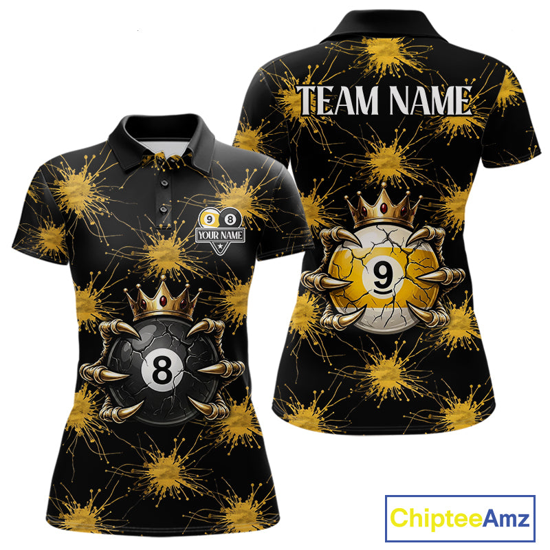 Yellow Splatter Pattern 8 Ball & 9 Ball Billiard Shirts For Women Custom Skull Gold Crown Pool Team Jersey NYN4373