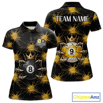 Yellow Splatter Pattern 8 Ball & 9 Ball Billiard Shirts For Women Custom Skull Gold Crown Pool Team Jersey NYN4373