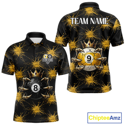 Yellow Splatter Pattern 8 Ball & 9 Ball Billiard Shirts For Men Custom Skull Gold Crown Pool Team Jersey NYN4373