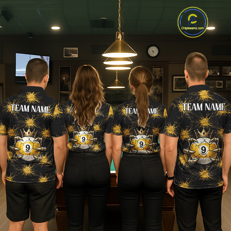 Yellow Splatter Pattern 8 Ball & 9 Ball Billiard Shirts For Men Custom Skull Gold Crown Pool Team Jersey NYN4373