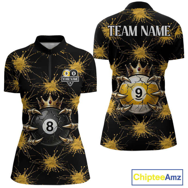 Yellow Splatter Pattern 8 Ball & 9 Ball Billiard Shirts For Women Custom Skull Gold Crown Pool Team Jersey NYN4373
