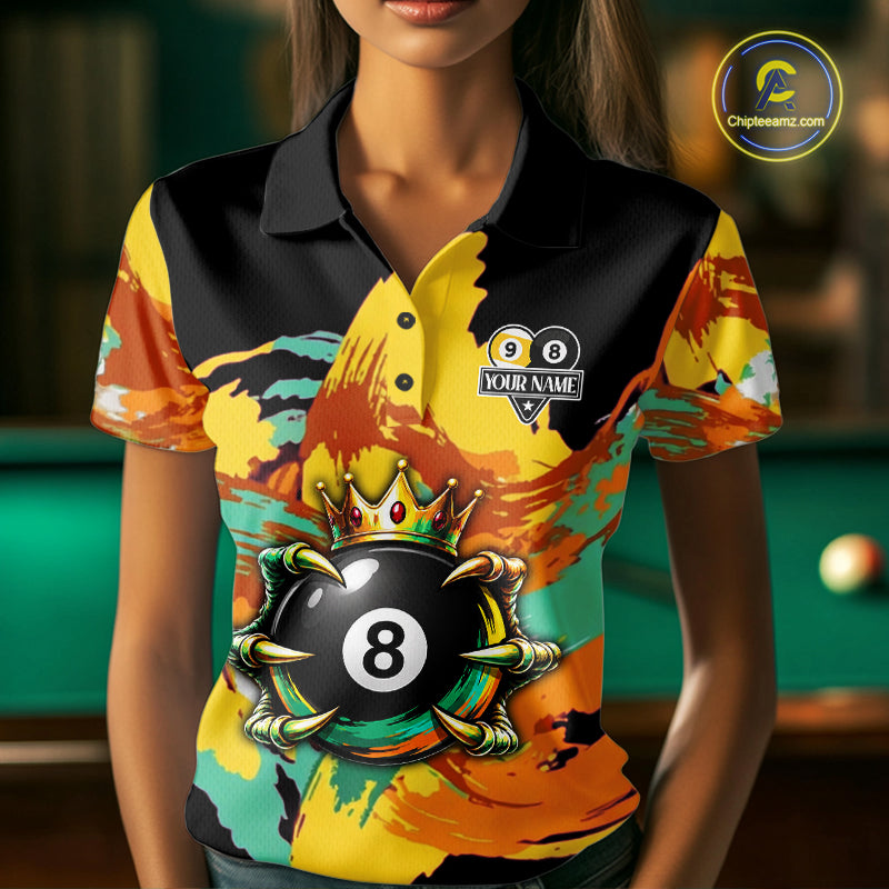 Green & Yellow Painting 8 Ball & 9 Ball Billiard Shirts For Women Custom Skull Gold Crown Pool Team Jersey NYN4374