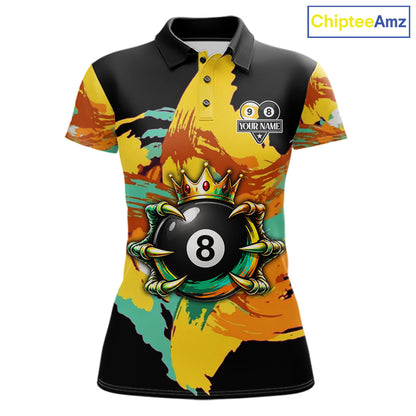 Green & Yellow Painting 8 Ball & 9 Ball Billiard Shirts For Women Custom Skull Gold Crown Pool Team Jersey NYN4374
