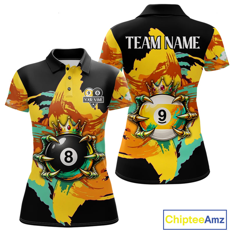 Green & Yellow Painting 8 Ball & 9 Ball Billiard Shirts For Women Custom Skull Gold Crown Pool Team Jersey NYN4374