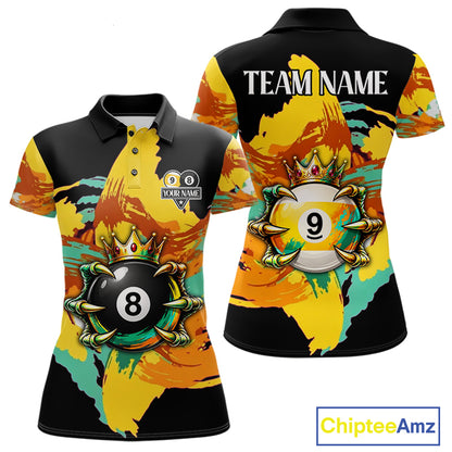 Green & Yellow Painting 8 Ball & 9 Ball Billiard Shirts For Women Custom Skull Gold Crown Pool Team Jersey NYN4374