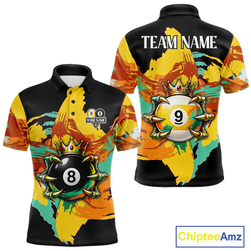 Green & Yellow Painting 8 Ball & 9 Ball Billiard Shirts For Men Custom Skull Gold Crown Pool Team Jersey NYN4374