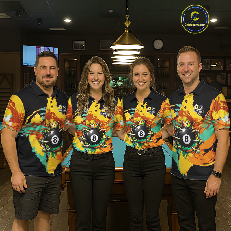 Green & Yellow Painting 8 Ball & 9 Ball Billiard Shirts For Men Custom Skull Gold Crown Pool Team Jersey NYN4374