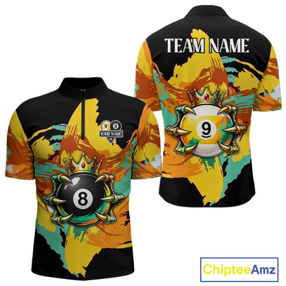 Green & Yellow Painting 8 Ball & 9 Ball Billiard Shirts For Men Custom Skull Gold Crown Pool Team Jersey NYN4374
