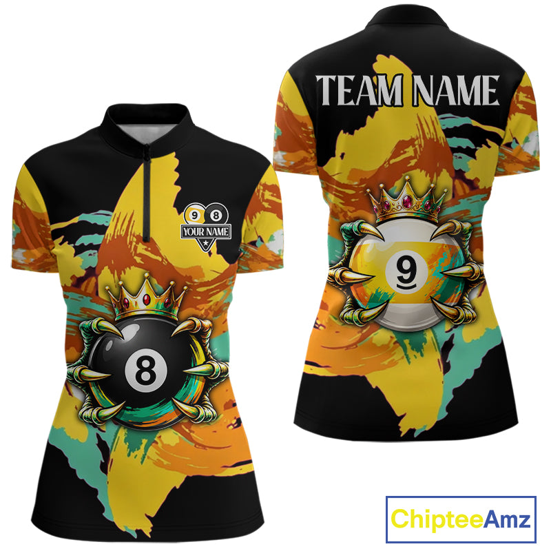 Green & Yellow Painting 8 Ball & 9 Ball Billiard Shirts For Women Custom Skull Gold Crown Pool Team Jersey NYN4374