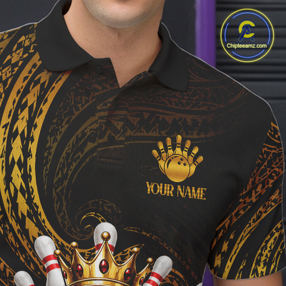 Tribal Pattern Bowling Shirts For Men Custom Skull Gold Crown Bowling Ball Bowling Team Jersey NYN4375