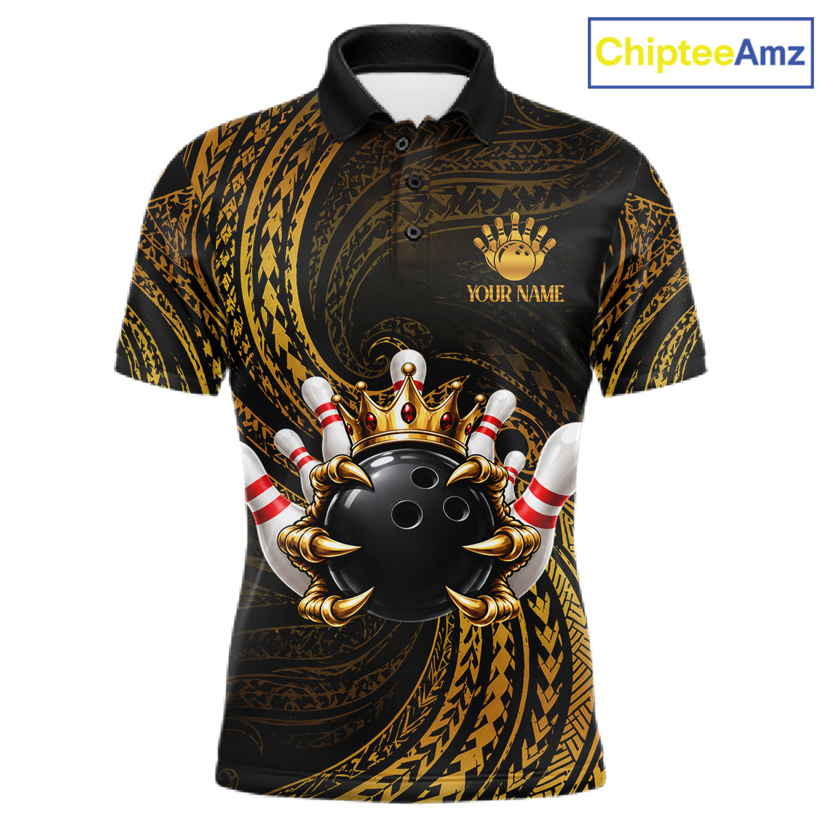 Tribal Pattern Bowling Shirts For Men Custom Skull Gold Crown Bowling Ball Bowling Team Jersey NYN4375