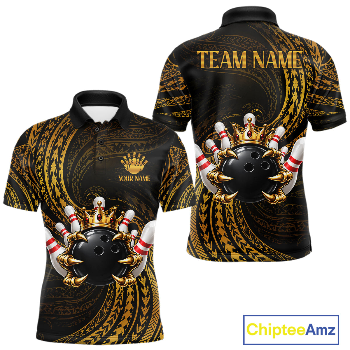 Tribal Pattern Bowling Shirts For Men Custom Skull Gold Crown Bowling Ball Bowling Team Jersey NYN4375