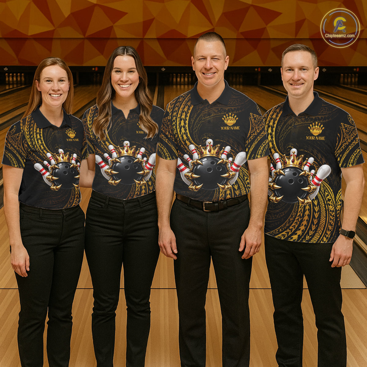 Tribal Pattern Bowling Shirts For Men Custom Skull Gold Crown Bowling Ball Bowling Team Jersey NYN4375