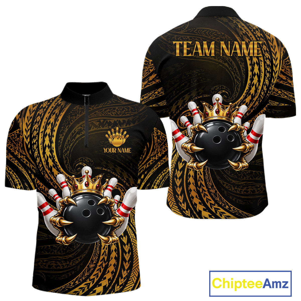 Tribal Pattern Bowling Shirts For Men Custom Skull Gold Crown Bowling Ball Bowling Team Jersey NYN4375