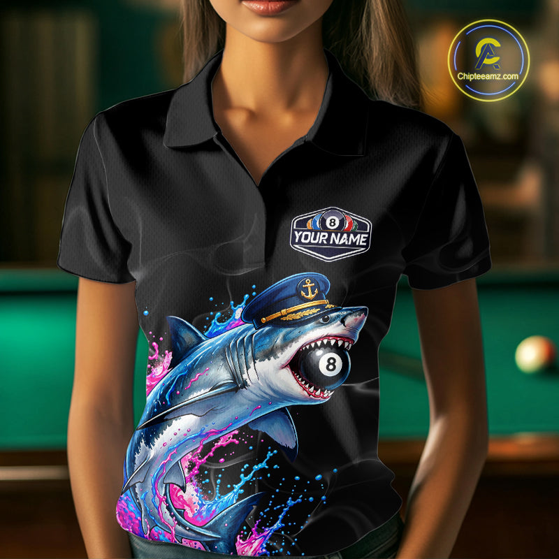 Funny Captain Shark 8 Ball Pool Shirt Custom Billiard Jersey For Women Blue & Pink Splash Billiard Uniform NYN4383