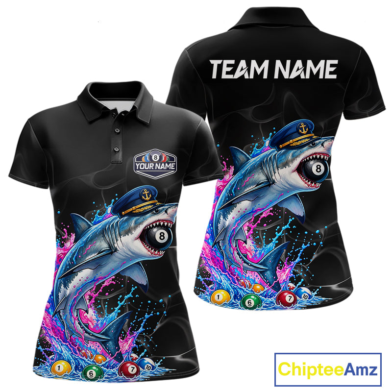 Funny Captain Shark 8 Ball Pool Shirt Custom Billiard Jersey For Women Blue & Pink Splash Billiard Uniform NYN4383