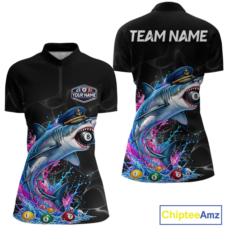 Funny Captain Shark 8 Ball Pool Shirt Custom Billiard Jersey For Women Blue & Pink Splash Billiard Uniform NYN4383