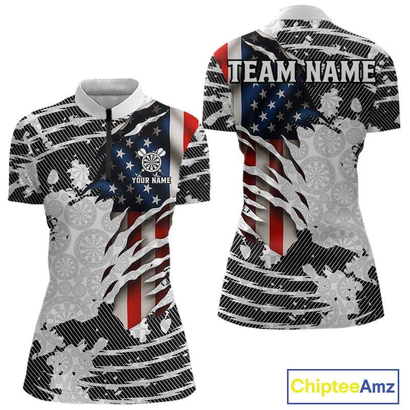 Custom Black White USA Flag Dartboard Dart Women Quarter-Zip Shirt Patriotic Dart Jerseys NYN1612