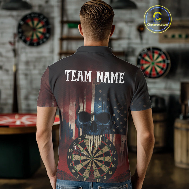 Custom Grunge US Flag Skull Dartboard Men Darts Polo Shirt Outfits Patriotic Dart Jerseys NYN1894