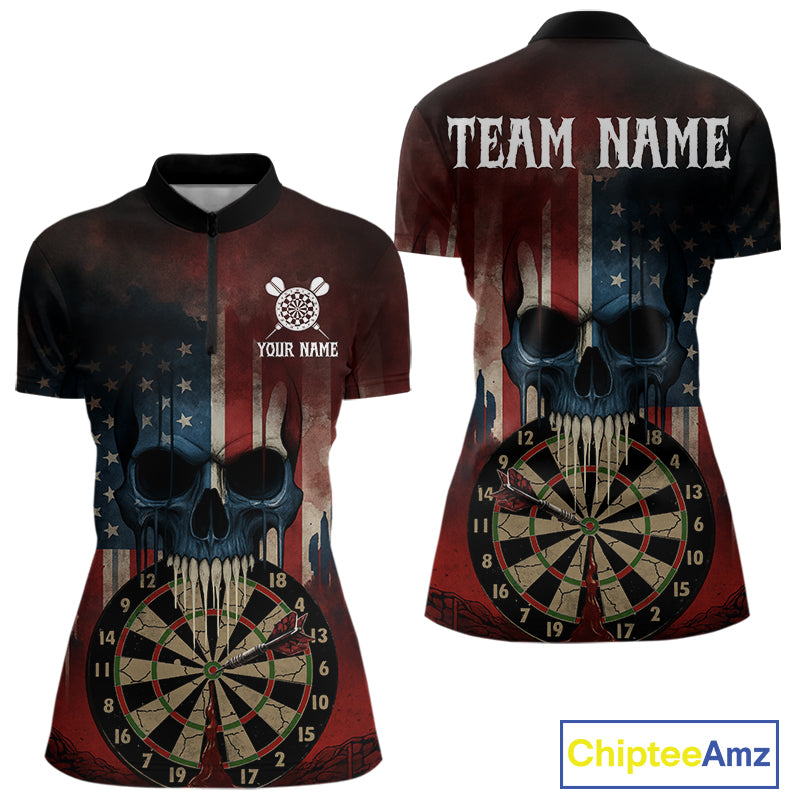 Custom Grunge US Flag Skull Dartboard Women Darts Quarter-Zip Shirt Outfits Patriotic Dart Jerseys NYN1894