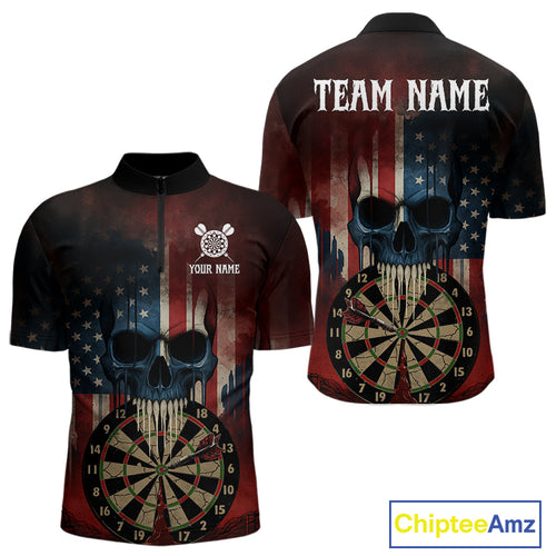 Custom Grunge US Flag Skull Dartboard Men Darts Quarter-Zip Shirt Outfits Patriotic Dart Jerseys NYN1894