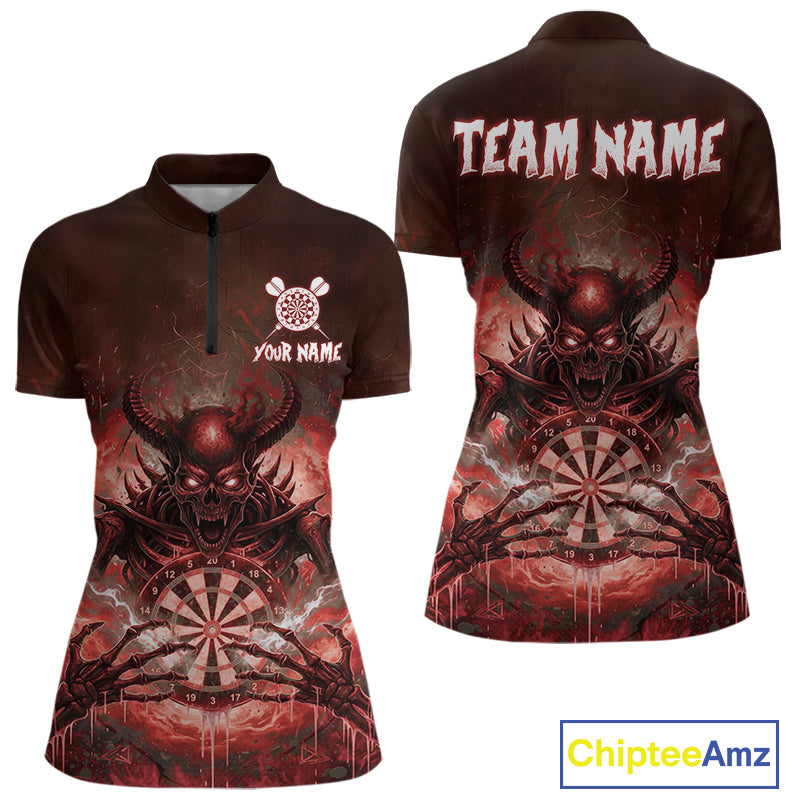 Custom Red Flames Skeleton Grunge Dartboard Women Darts Quarter-Zip Shirt Horror Dart Jerseys NYN1896