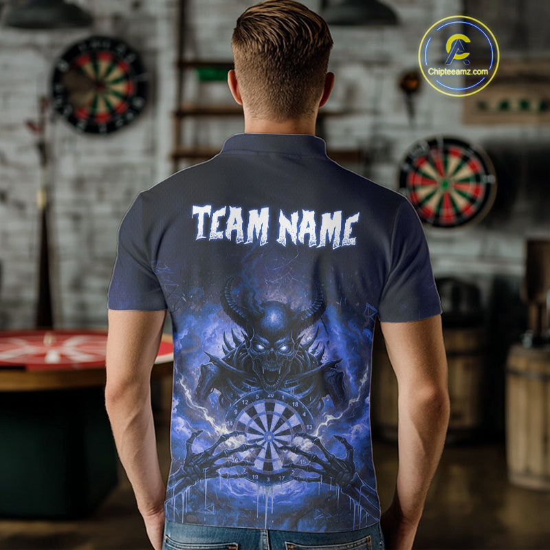 Custom Blue Flames Skeleton Grunge Dartboard Men Darts Polo Shirt Horror Dart Jerseys NYN1897