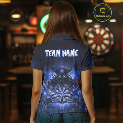 Custom Blue Flames Skeleton Grunge Dartboard Women Darts Polo Shirt Horror Dart Jerseys NYN1897