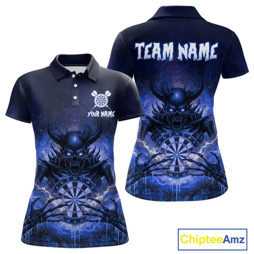 Custom Blue Flames Skeleton Grunge Dartboard Women Darts Polo Shirt Horror Dart Jerseys NYN1897