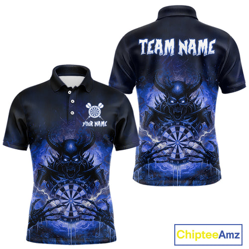 Custom Blue Flames Skeleton Grunge Dartboard Men Darts Polo Shirt Horror Dart Jerseys NYN1897