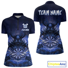 Load image into Gallery viewer, Custom Blue Flames Skeleton Grunge Dartboard Women Darts Quarter-Zip Shirt Horror Dart Jerseys NYN1897