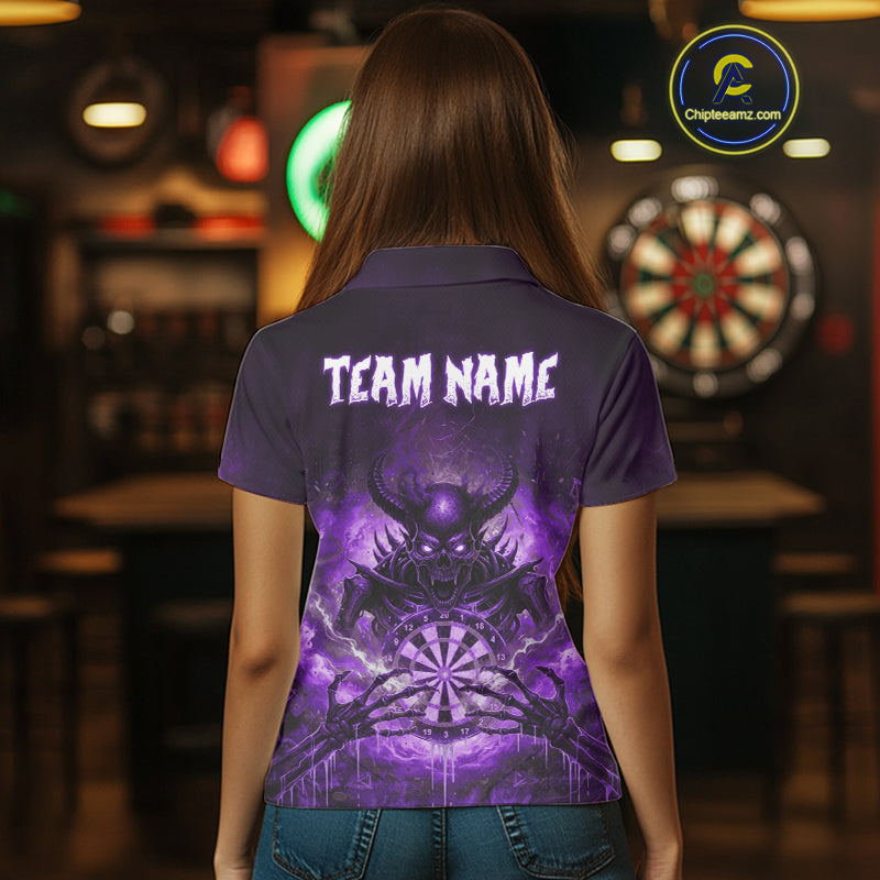 Custom Purple Flames Skeleton Grunge Dartboard Women Darts Polo Shirt Horror Dart Jerseys NYN1898