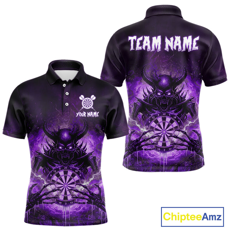 Custom Purple Flames Skeleton Grunge Dartboard Men Darts Polo Shirt Horror Dart Jerseys NYN1898