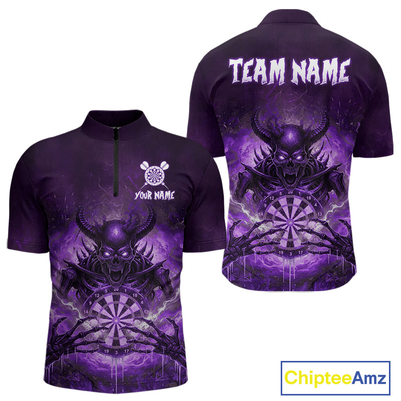 Custom Purple Flames Skeleton Grunge Dartboard Men Darts Quarter-Zip Shirt Horror Dart Jerseys NYN1898
