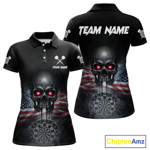 Custom Smoke US Flag Black Dripping Skull Women Darts Polo Shirt Patriotic Dart Jerseys NYN1899
