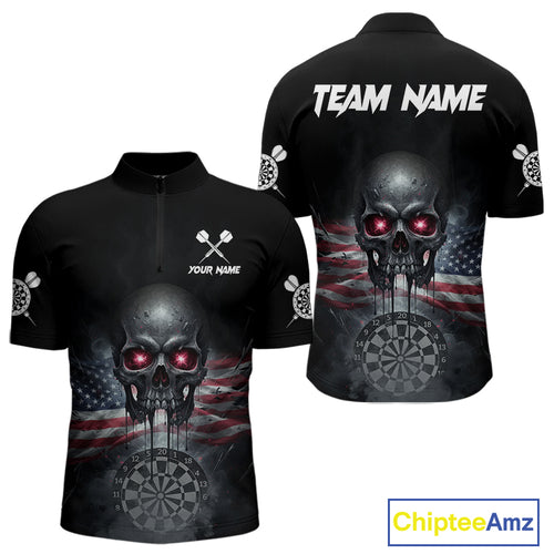 Custom Smoke US Flag Black Dripping Skull Men Darts Quarter-Zip Shirt Patriotic Dart Jerseys NYN1899