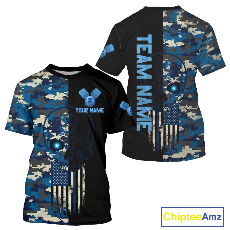 Custom Navy Digital Camo Skull Pickleball League Jerseys Men Skull Pickleball Paddle Shirt NYN2155