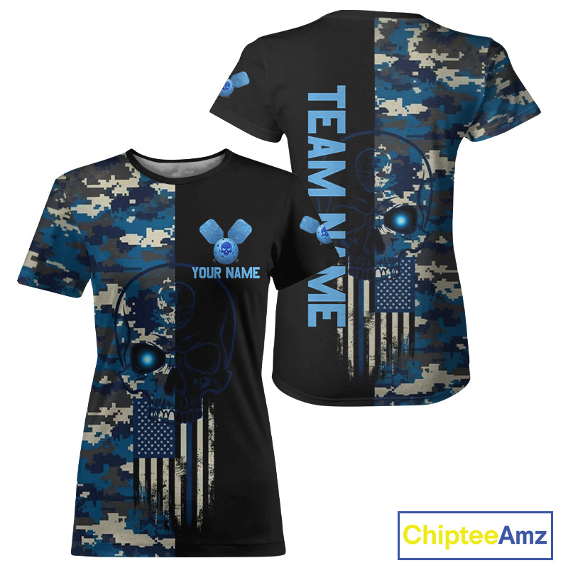 Custom Navy Digital Camo Skull Pickleball League Jerseys Women Skull Pickleball Paddle Shirt NYN2155