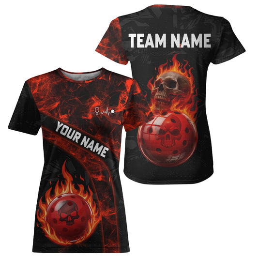 Custom Red Flaming Women Pickleball Ball 3D League Jerseys Flame Skull Pickleball Team Shirts NYN2156