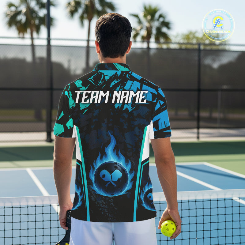Custom Black Grunge Blue Flames Pickleball Ball Jerseys Men Pickleball Paddle Team Shirts NYN2160