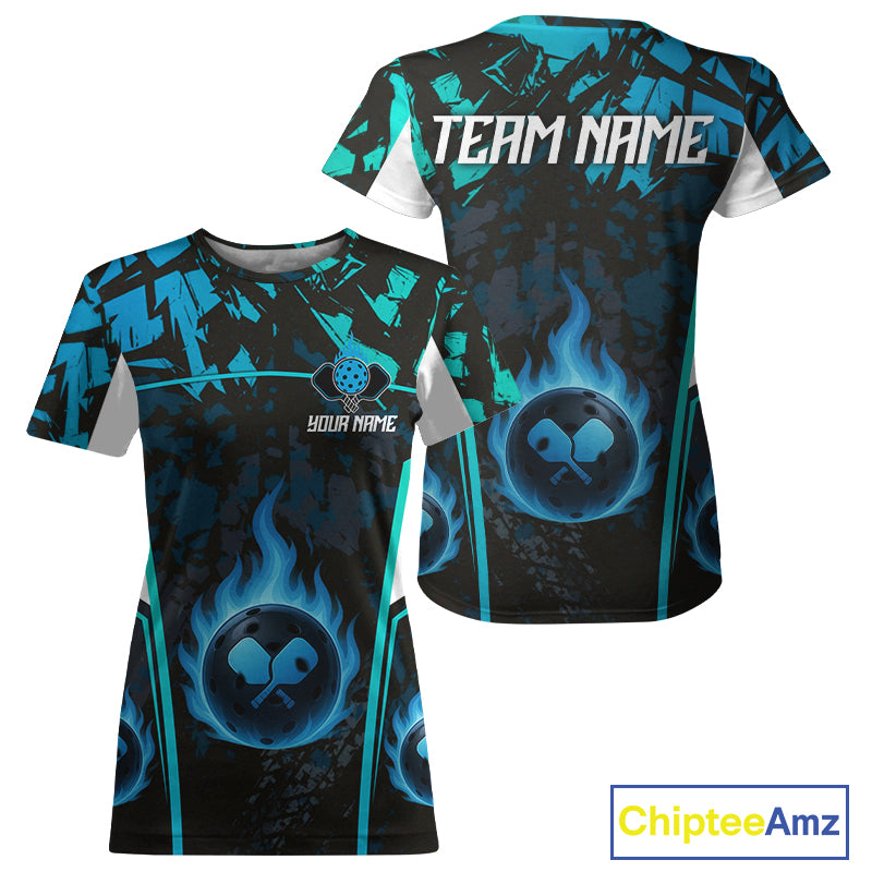 Custom Black Grunge Blue Flames Pickleball Ball Jerseys Women Pickleball Paddle Team Shirts NYN2160